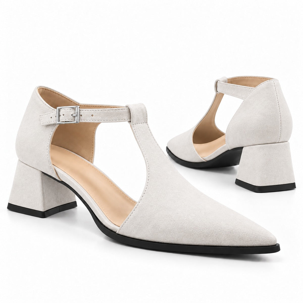 White suede T-strap heels with wide strap, silver buckle and 5 cm flared heel, the pair — ECADRA