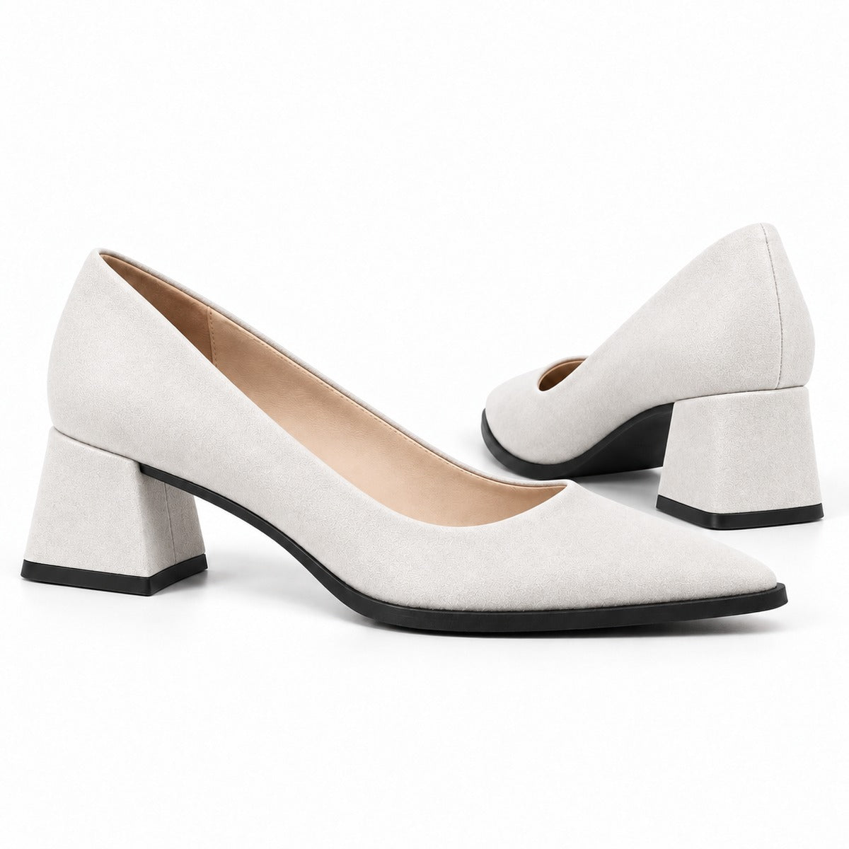 White suede pointed pump with low 5 cm flared block heel, the pair — ECADRA