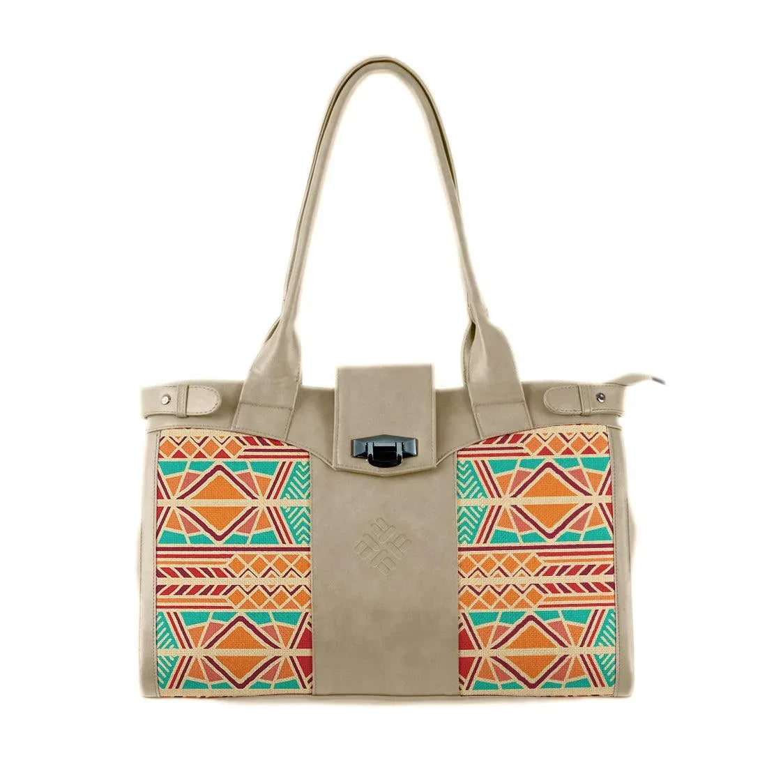 Beige Double Handle Large Bag Abstract Shapes - CANVAEGYPT