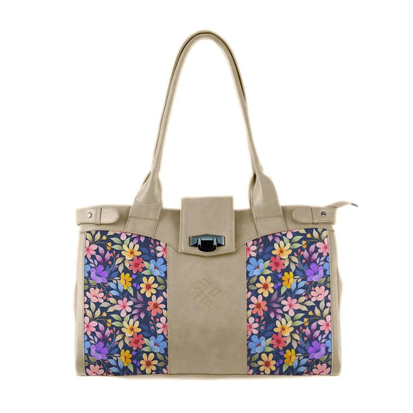 Beige Double Handle Large Bag Purple Floral - CANVAEGYPT