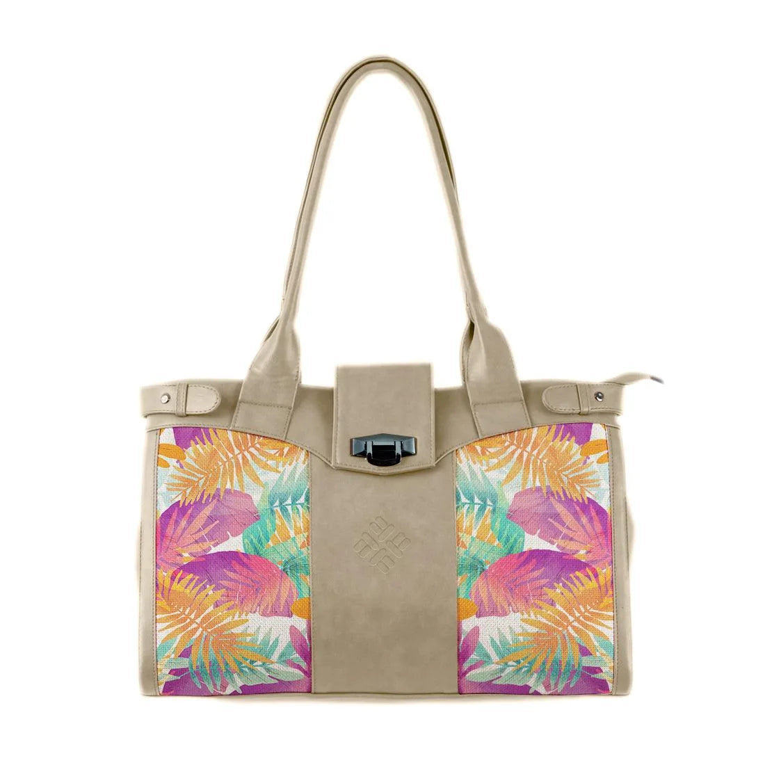 Beige Double Handle Large Bag Summer Leaves - CANVAEGYPT