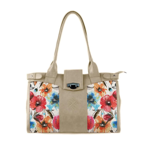 Beige Double Handle Large Bag White Floral - CANVAEGYPT