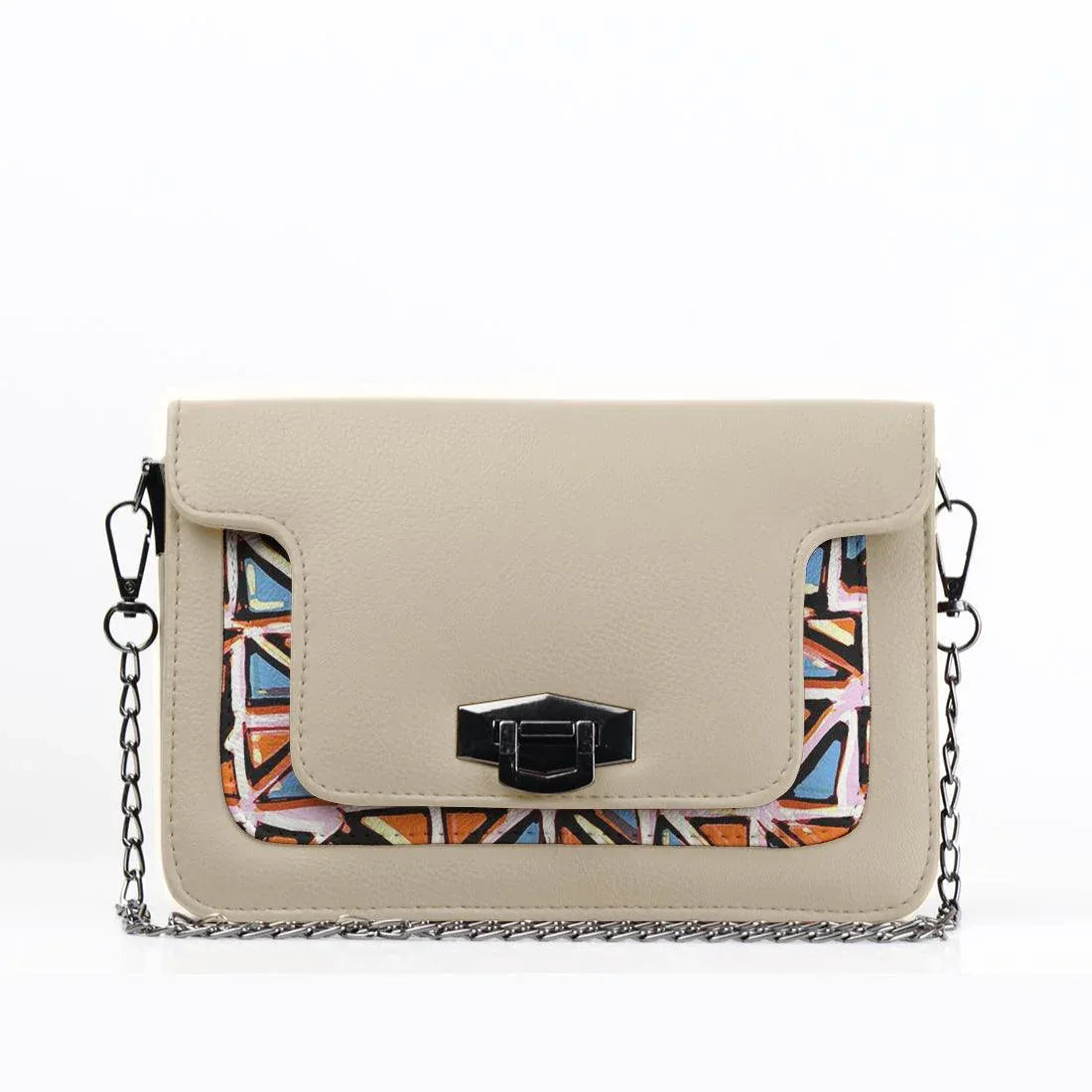 Beige Mini Embossed Chain Bag Triangles - CANVAEGYPT