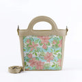 Beige Top Handle Handbag Floral Blue Lines