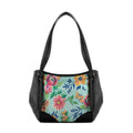Black Leather Tote Bag Cyan Floral