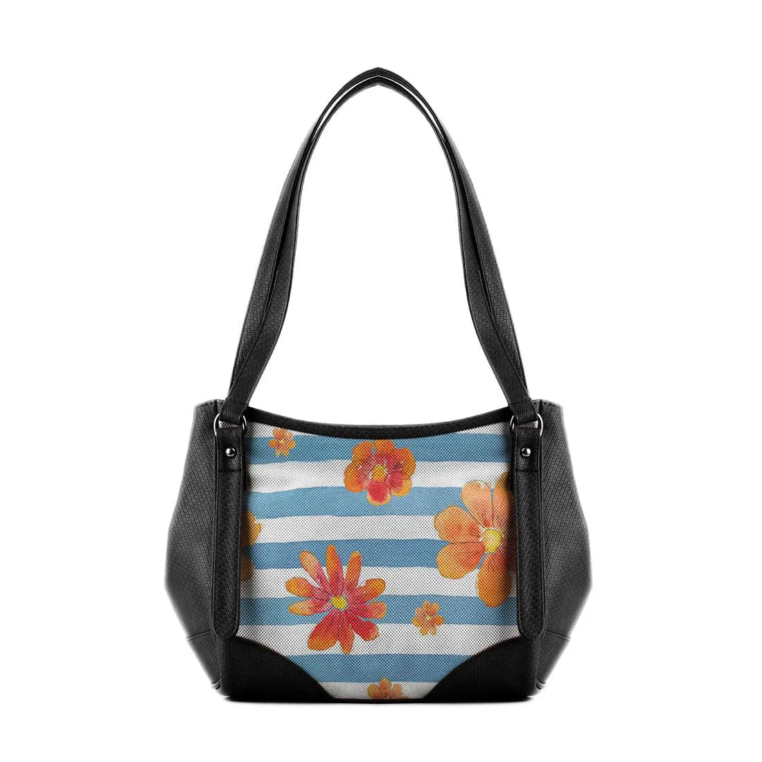 Black Leather Tote Bag Floral Blue - CANVAEGYPT