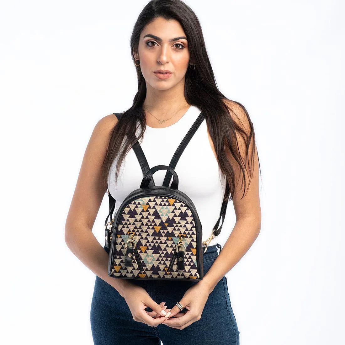 Black Mini Backpack Triangles Pattern - CANVAEGYPT