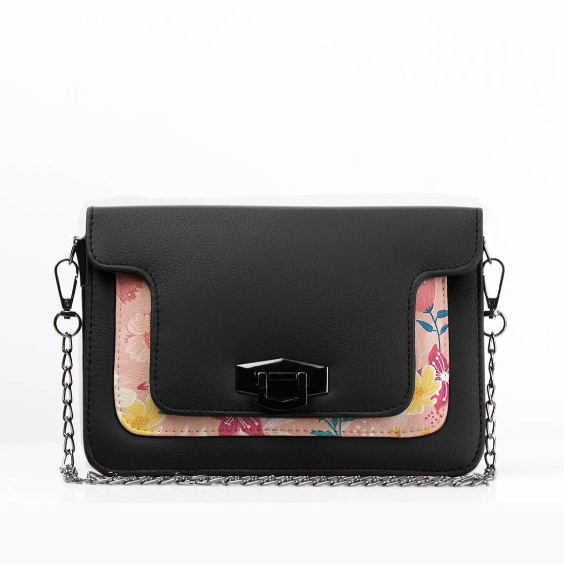 Black Mini Embossed Chain Bag Rose Floral - CANVAEGYPT