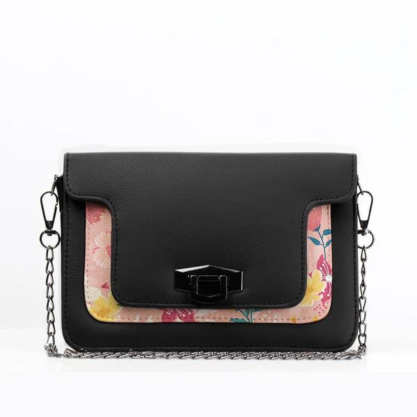 Black Mini Embossed Chain Bag Rose Floral - CANVAEGYPT