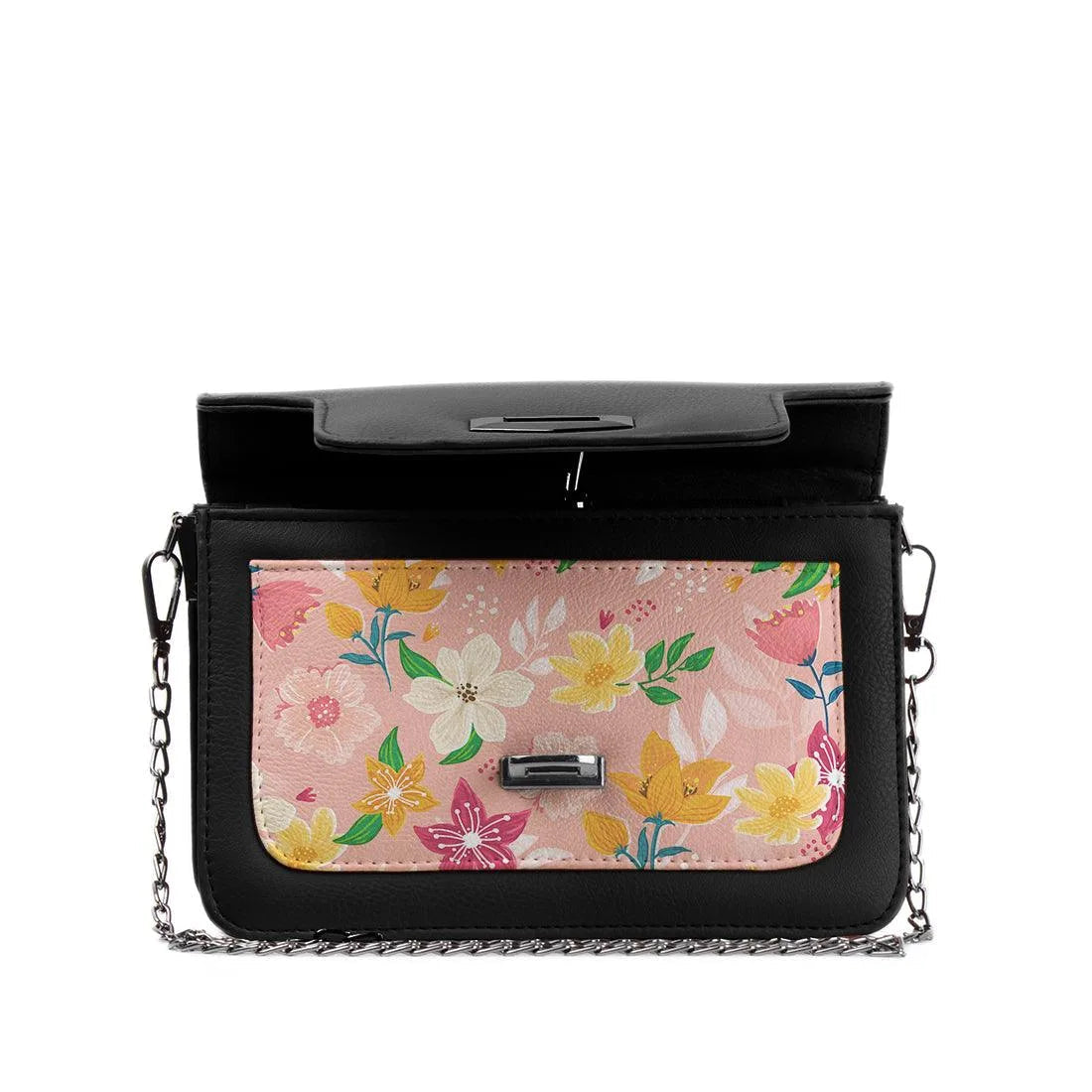 Black Mini Embossed Chain Bag Rose Floral - CANVAEGYPT