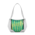 White Leather Tote Bag Green Lines