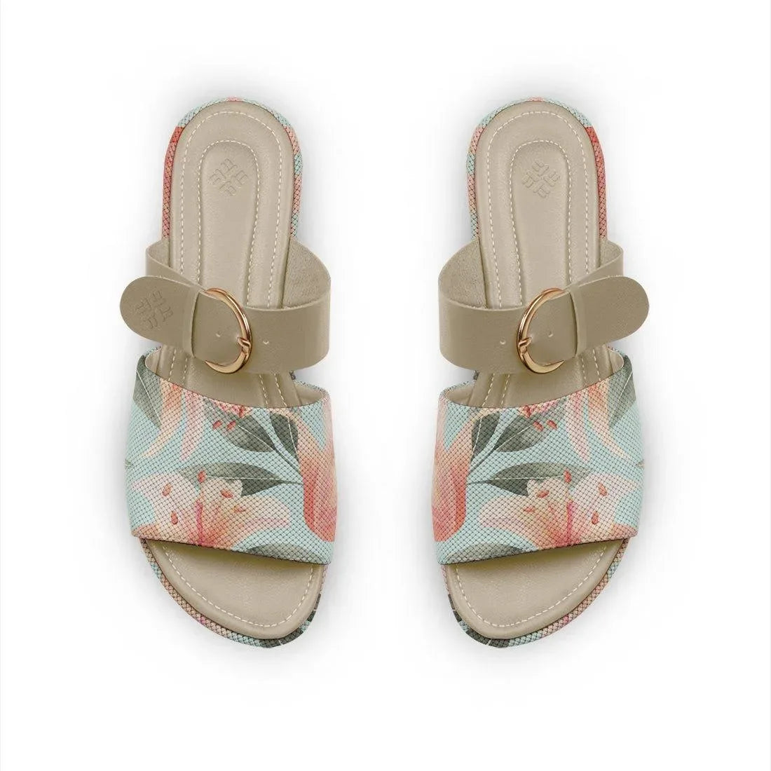 Beige Buckle Slide Slipper Flower - CANVAEGYPT