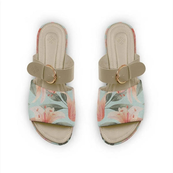 Beige Buckle Slide Slipper Flower - CANVAEGYPT