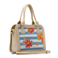 Beige Travel Hobo Bag Blue Floral Lines
